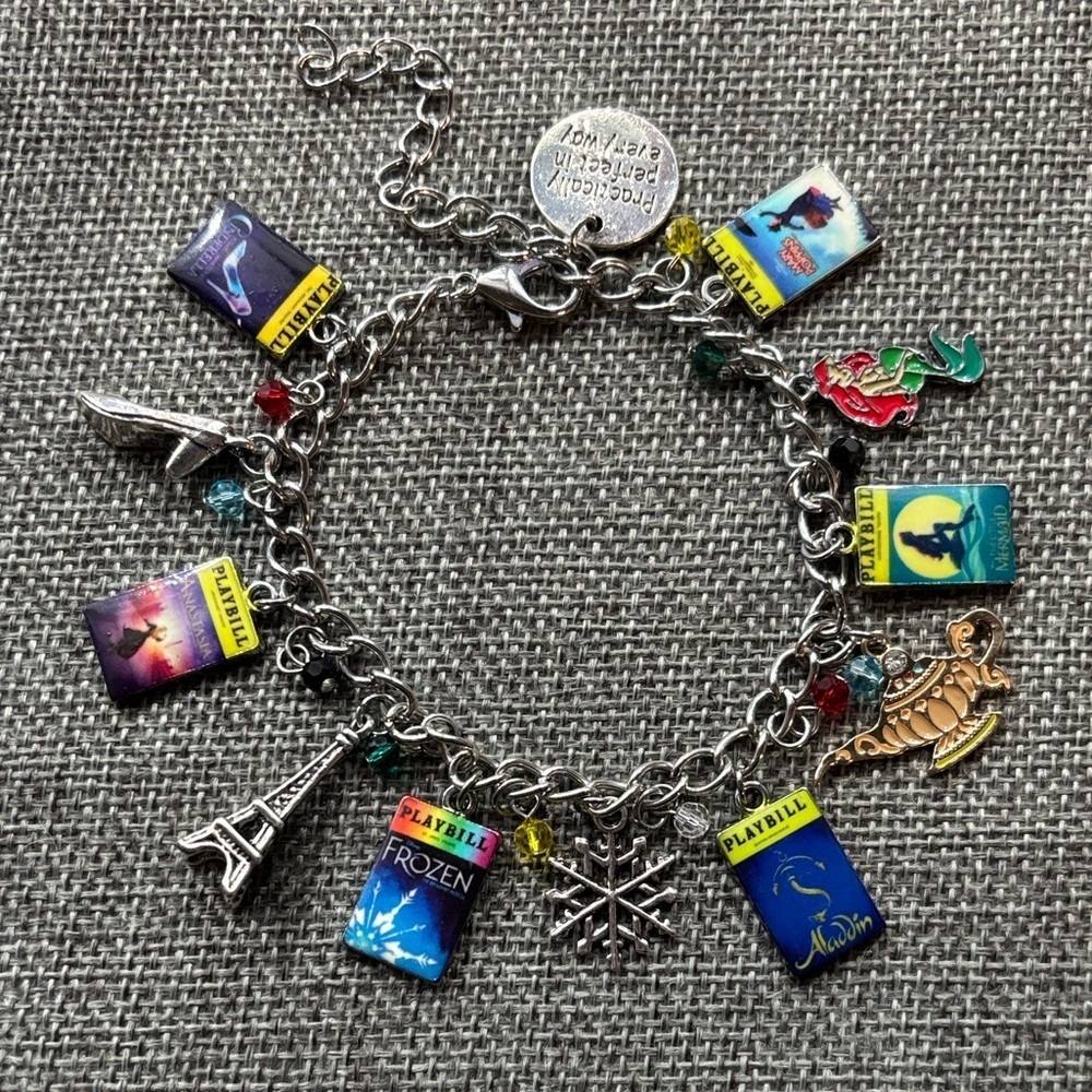 Broadway Playbill Metal Charm Bracelet Aladdin Frozen The Little Mermaid Beaded